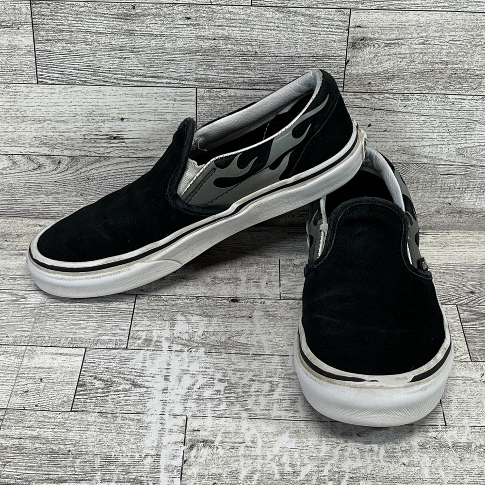 Vans Slip On Black Suede Flame Classic Sneakers Youth Size 2.5
